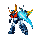 Mazinger Z and Voltron, armed with a blue energy sword, stand in a heroic confrontation against a black background.