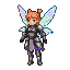 A pixie warrior with bright orange hair in buns, wearing dark knight's armor and iridescent blue and white wings, stands ready for battle.