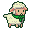A fluffy sheep with creamy wool and a vibrant green scarf.