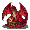 Crimson dragon guarding a treasure chest filled with gold.