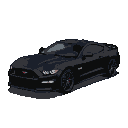Black Ford Mustang from a three-quarter front view, rendered in a pixel art style with gray and dark blue shading.