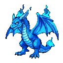 A two-headed blue dragon with shimmering, icy scales and ethereal blue flame flickering from its horns and tail. Its wings are spread wide, conveying watchful power.