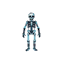 A skeletal figure in icy blues and whites stands against a black void.