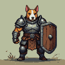 Anthropomorphic Bull Terrier warrior in heavy medieval armor holding a large shield.