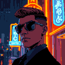 Man with arched eyebrow and dark sunglasses, reflecting blue neon light, wearing a dark suit and blue shirt, against a rain-slicked urban night with orange neon backlight.
