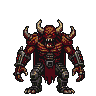 Demonic boss with jagged horns, glowing red eyes, sharp teeth, and crude metallic armor.