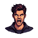 A young man screaming with eyes glowing white against dark pixels, wearing a dark collared shirt.