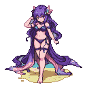 Succubus with flowing purple hair and purple eyes on a sandy beach, wearing a dark purple bikini and a translucent cape.