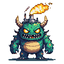 Fearsome emerald-green monster with glowing yellow eyes, sharp teeth, jagged protrusions, and mossy patches. A miniature nuclear plant on its head emits orange and yellow fire and smoke.