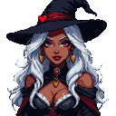 Drow sorceress with red eyes, white hair, and a pointed witch's hat with a red heart. She wears revealing, tattered attire and golden earrings, her lips slightly parted.