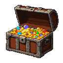 Open treasure chest overflowing with gold coins and colorful gems.
