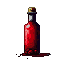 Dark glass bottle filled with viscous, deep red liquid resembling blood, with a metallic cap. A pool of the red liquid seeps from the bottle's base onto a dark surface.