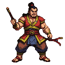 Muscular martial artist in red tunic and blue trousers, holding a staff and a serpent-like weapon, with a stern expression.