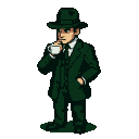 A detective in a green suit and fedora holds a coffee cup to his lips, in quiet contemplation.