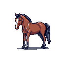 A bay horse with a white blaze on its forehead stands facing left. Its mane and tail are dark blue-gray.