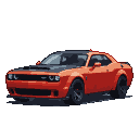 Fiery orange Dodge Challenger SRT Demon 170, side profile, with dark pixelated hood and roof, black wheels, and tinted windows.