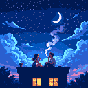 Two silhouetted figures sit on a rooftop at night, exhaling smoke that rises towards a crescent moon. The deep blue and purple sky is filled with stars and wispy clouds, while warm light glows from building windows below.