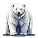A majestic polar bear with thick white fur, subtle blue and gray tones, and dark eyes gazing forward, sits regally against a transparent background.