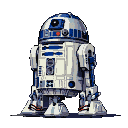 R2-D2 astromech droid in a front-facing pose on a black background, with a slightly tilted dome head.
