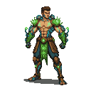 Muscular bio-elemental fighter in glowing green armor with a chest gem, brown and teal loincloth, poised for combat.