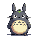 A pixelated Totoro with grey fur, a pale yellow belly with seven acorn-like markings, large curious eyes, and a green leaf on its head.