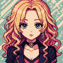 Anime portrait of a young woman with wavy blonde and pink hair, blue eyes, and a subtle smile. She wears a black choker with a gold pendant, a dark open jacket, and a red top. The background features abstract teal and beige diagonal lines.