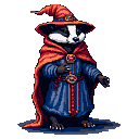 A badger in a blue wizard robe and orange pointed hat and cape, standing upright with paws held in front of its chest, one slightly raised.
