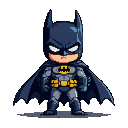 Chibi Batman in a dark blue cowl and cape, with a yellow bat-symbol on his chest, standing determinedly.