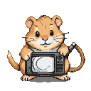 A plump brown hamster in a grey smock holds a vintage television set displaying a swirling pixel pattern.