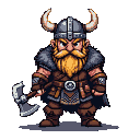 A Viking warrior with a bushy golden beard and a horned helmet grips a battle axe. He wears a fur-lined cape and leather armor.