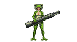 Full-body view of a character in a vibrant green frog costume with large hood eyes and an open mouth with a pink tongue, wearing a revealing top and webbed feet, holding a large, detailed bazooka.