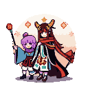 Two figures in a pixel art style stand side-by-side. The left figure has purple twin buns, a light blue kimono over a red skirt, and holds a glowing red lantern. The right figure has dark red hair, golden horns, a red scarf, and wears an elaborate white and black robe with crimson and teal patterns. They are against a circular backdrop with stylized flowers and stars.