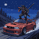Red Nissan GT-R R34 drifting on a snowy road under a starry night sky, with a samurai warrior standing on its roof holding a katana.