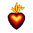 A pixelated heart with bright yellow, orange, and red flames.