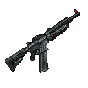 A futuristic, dark metallic rifle with sharp angles, segmented details, and subtle red accents on the barrel and scope, displayed against a black background.