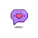 Octagonal purple chat bubble with a pink heart inside, and two small dark pixels on either side.