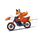 A fox with fiery orange fur and spread wings rides a motorcycle with motion blur.