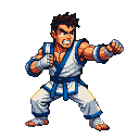 Martial artist in white gi with blue trim, in a low fighting stance, punching forward with gritted teeth and focused expression.