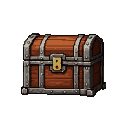 A sturdy brown wooden chest with metallic bands and a golden latch.