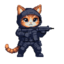 Ginger tabby cat in tactical gear and dark hood holding a rifle.