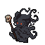 Menacing cloaked figure with glowing red eyes holding a skull-topped staff.