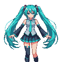 Hatsune Miku in a futuristic school uniform with long turquoise twin tails, striking an energetic pose.
