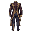 Back view of a figure in a deep burgundy, gold-embroidered regal ballroom jacket and dark trousers with gold accents.