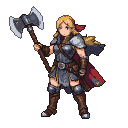 Valkyrie with blonde hair in a red ribbon, wearing segmented plate armor and a crimson cloak, holding a double-headed axe.