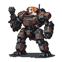 Beagle in mech cockpit with cannon arm raised.