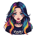 Fierce young woman with teal eyes, rainbow hair, facial tattoos including '777', and a red-lipped smile, wearing a dark t-shirt with Japanese text, against a black background.