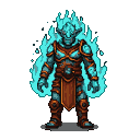 Elemental being made of glowing cyan energy with ethereal flames, wearing ornate brown and bronze armor.