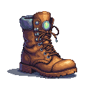 A brown leather boot with blue gem detail.