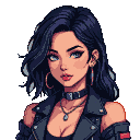 Young woman with tousled dark hair, piercing blue eyes, wearing a black leather jacket, studded choker, and hoop earrings.