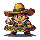 Stylized character in a large sombrero, teal vest, and zig-zag skirt holds a golden flame aloft.